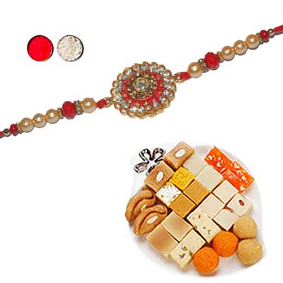 "Zardosi Rakhi - ZR- 5540 A (Single Rakhi), 500gms of Assorted Sweets - Click here to View more details about this Product